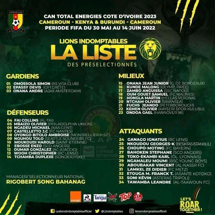 New faces in the Lions den as Rigobert Song name his 34 man provisional squad for AFCON 2023 qualifiers