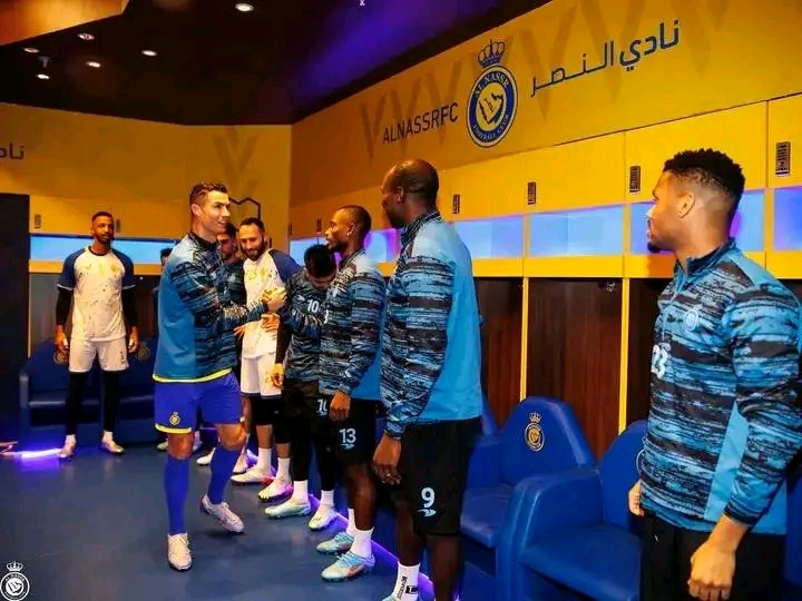 Cristiano Ronaldo greeting his new team mates during his Al Nassr presentation yesterday 