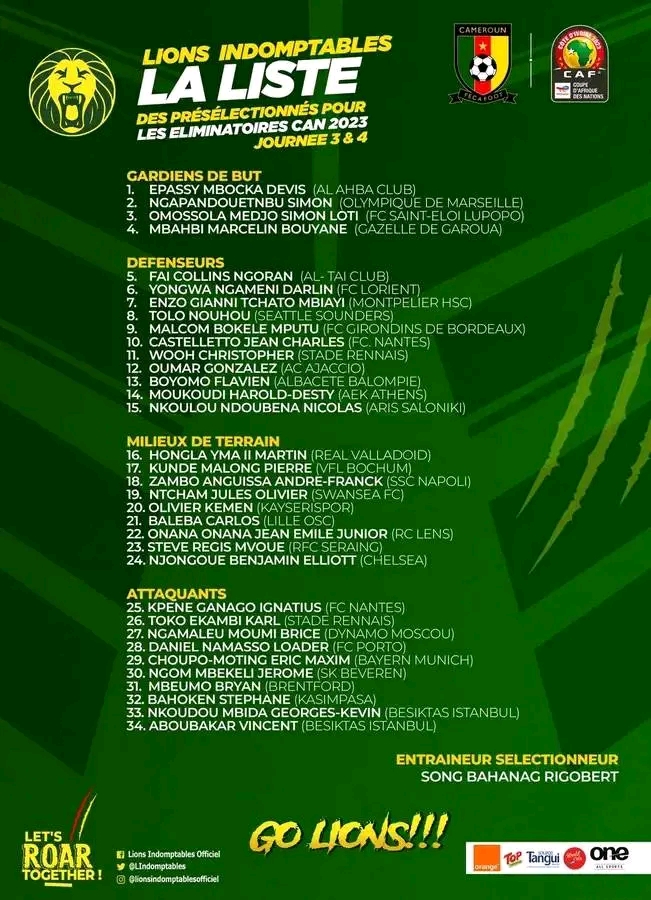 Cameroon 34 man provisional squad for AFCON 2023 qualifiers