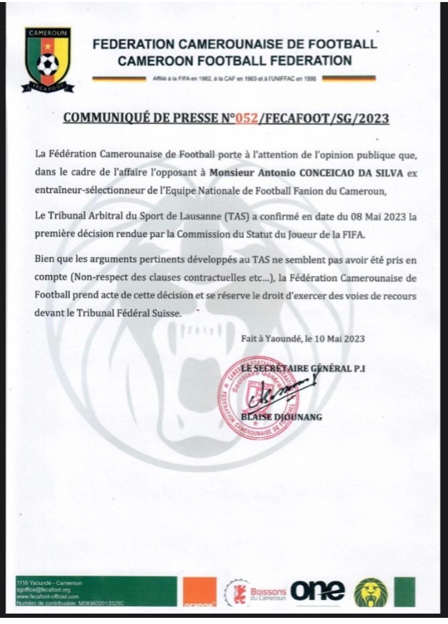 FECAFOOT has lost its case against Former Indomitable Lions coach Antonio Concecao and will therefore pay him more than 1 billion CFA.