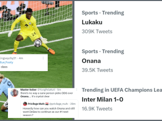 Andre Onana is currently trending on Twitter after his Champions League finals performance in Inter Milan's 0-1 defeat to Manchester City.