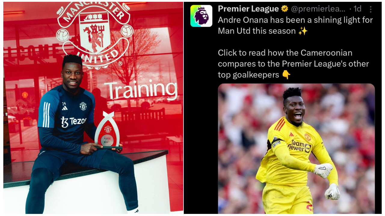 The Premier League official website posted Andre Onana's stats with Manchester United this season and fans are in disbelief how well the Cameroonian Goalkeeper has saved his club in the Premier League this season.